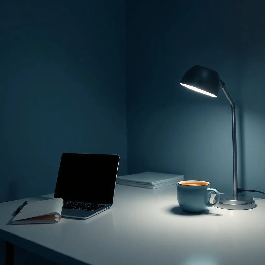 A minimalist modern desk with a laptop, a notebook, and a co