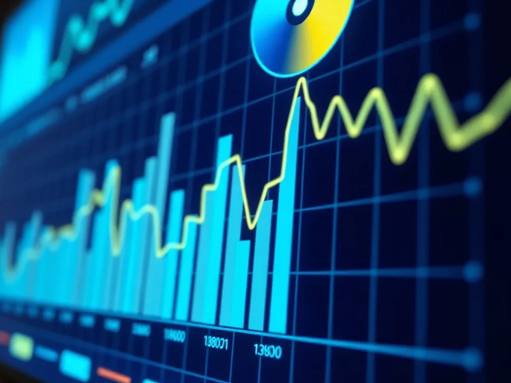 Close up of a modern glowing data chart on a dark screen, cy