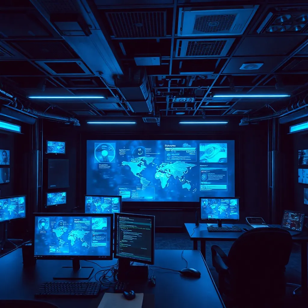 High-tech workspace with glowing blue holographic screens an