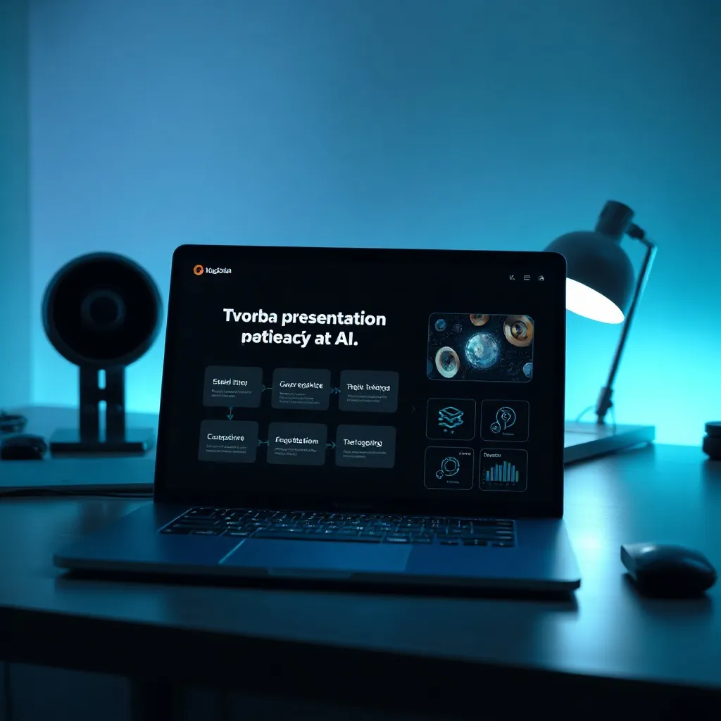 A modern dark tech workspace with a laptop showing a profess